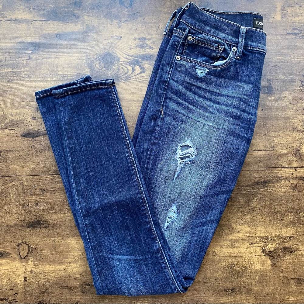 Express Dark Wash Mid Rise Distressed Legging Jeans